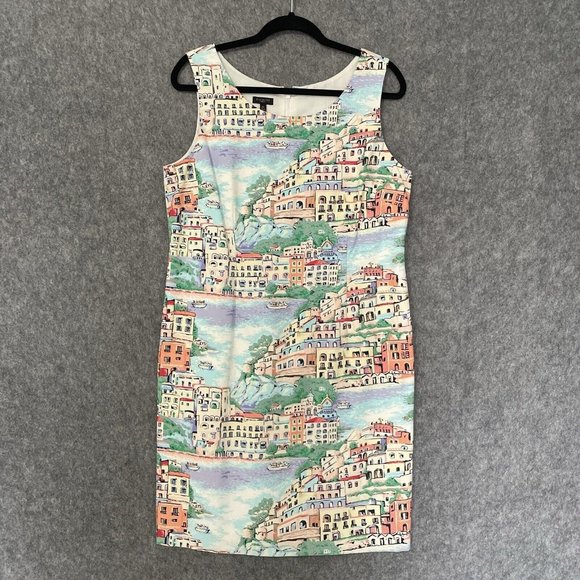 Talbots 14P Sleeveless Dress Scenic Village Print Vacation Summer Style - Picture 1 of 6